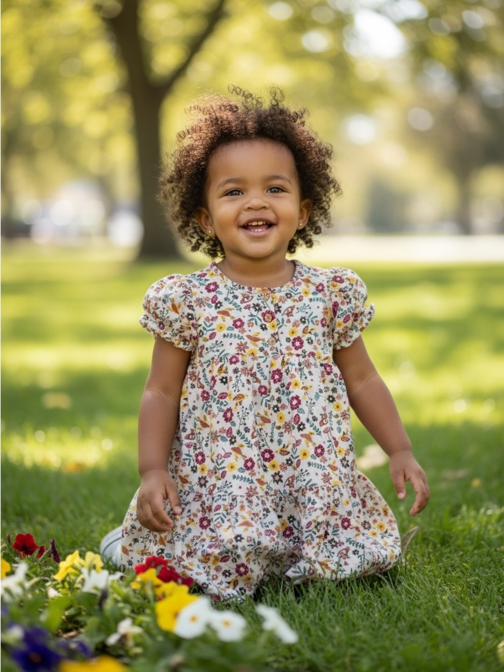 Wonder Nation Floral Kids Dress - Yellow, White, Brown, Red